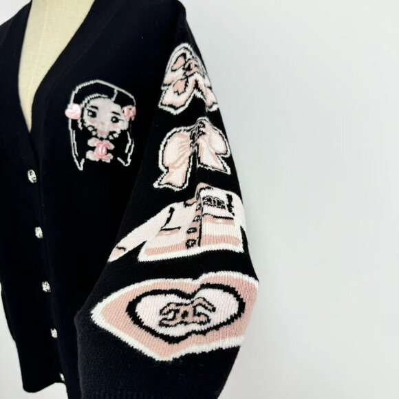 Chanel Black Knit Cardigan Cartoon Embroidery Plays Up Luxury Childlike Style - Picture 7 of 11
